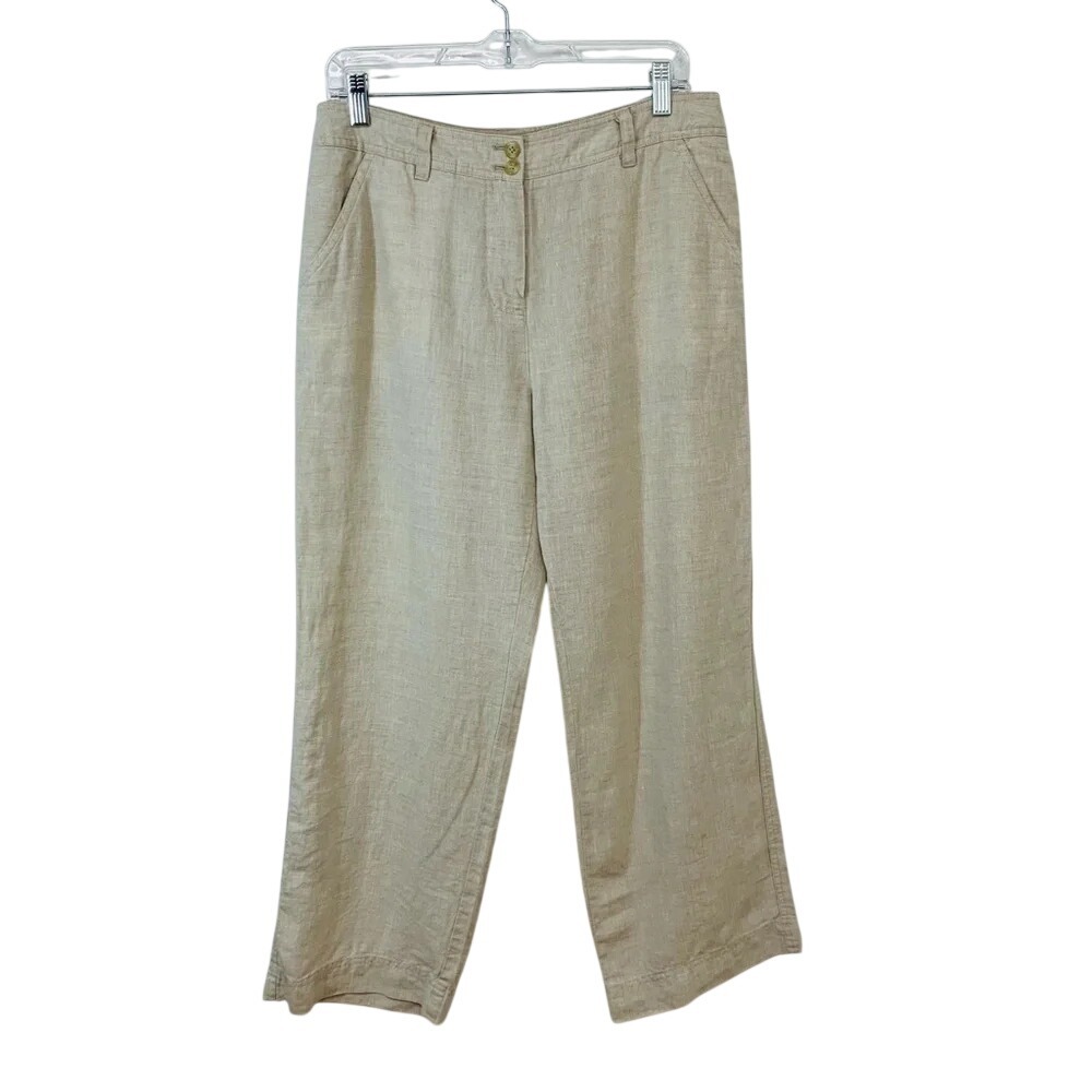 Jones NY Linen Pants  Neutral Pockets Woman 10 Tan Straight Leg Zip Lagenlook